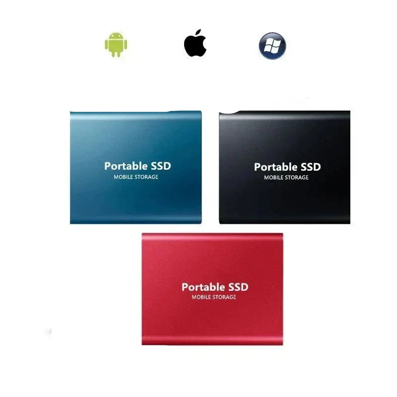 Drie draagbare SSD's in blauw, zwart en rood, plat naast elkaar getoond | Boutique Moda