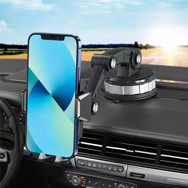 Zwarte telefoonhouder met zuignap op dashboard, smartphone bevestigd tijdens rit | Boutique Moda
