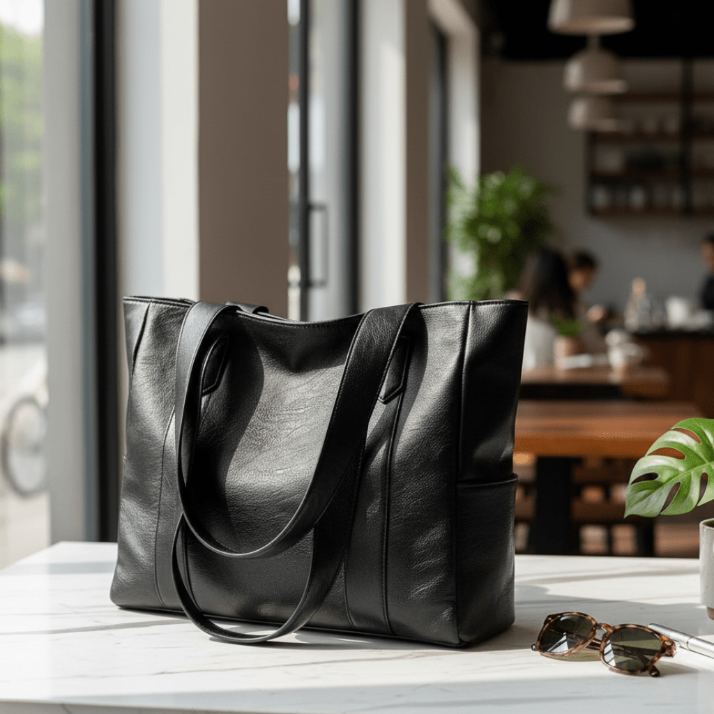 Zwarte kunstleren schoudertas met lange hengsels, vrijstaand op witte tafel | Boutique Moda