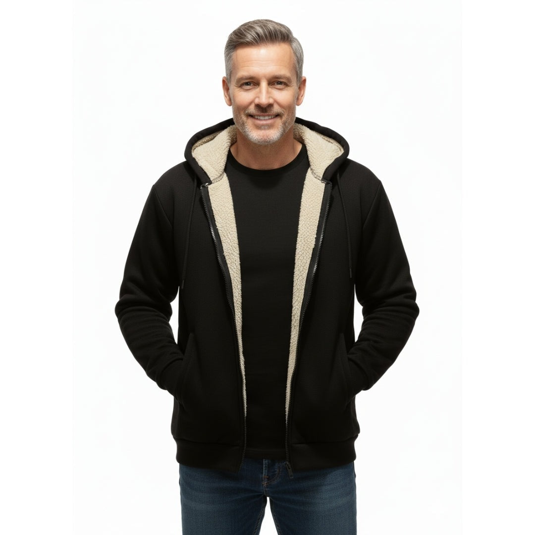 Gevoerde hoodie met rits voor heren in zwart, gedragen, voorkant