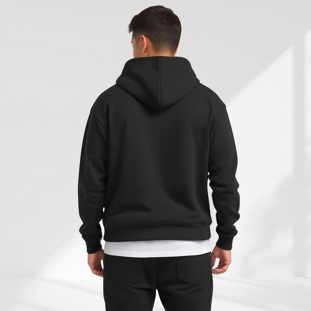 Oversized hoodie met verlaagde schouders voor heren in zwart, gedragen, achterkant