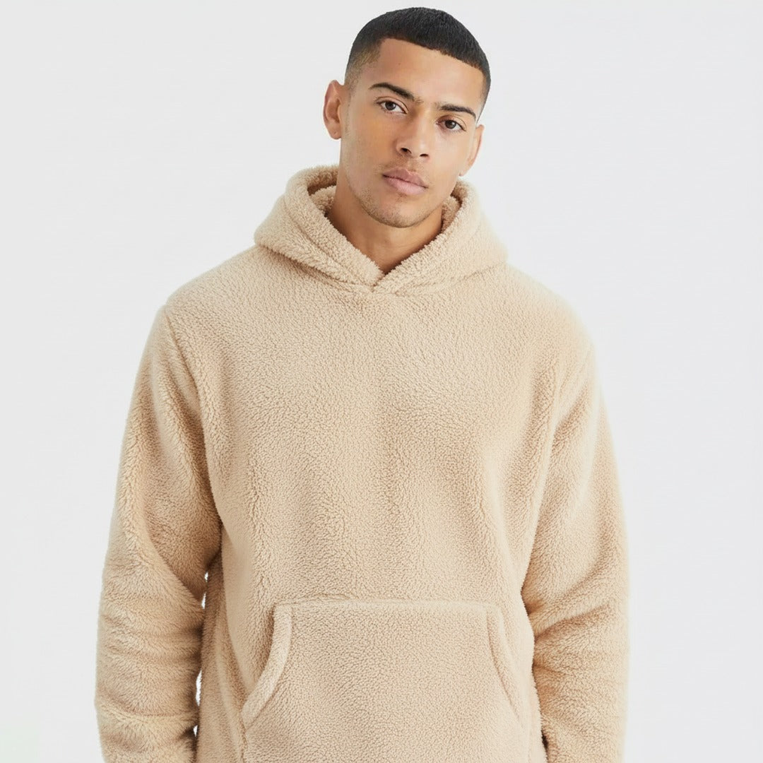 Teddy hoodie voor heren in beige, gedragen, voorkant