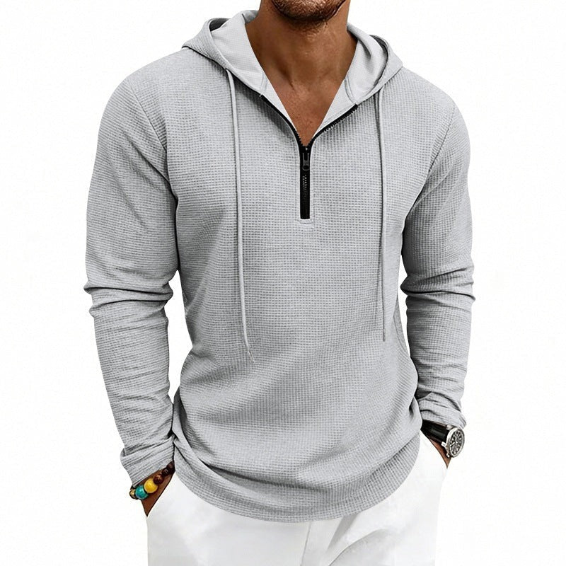 Hoodie met korte rits en wafelstructuur voor heren in lichtgrijs, gedragen, voorkant