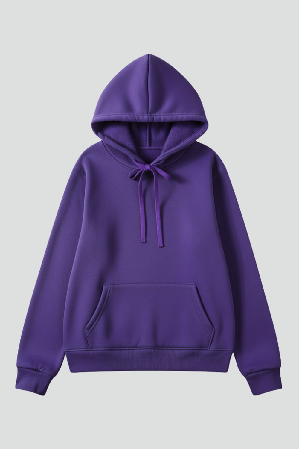 Paarse basic hoodie plat neergelegd, met capuchon, koorden en kangoeroezak | Boutique Moda