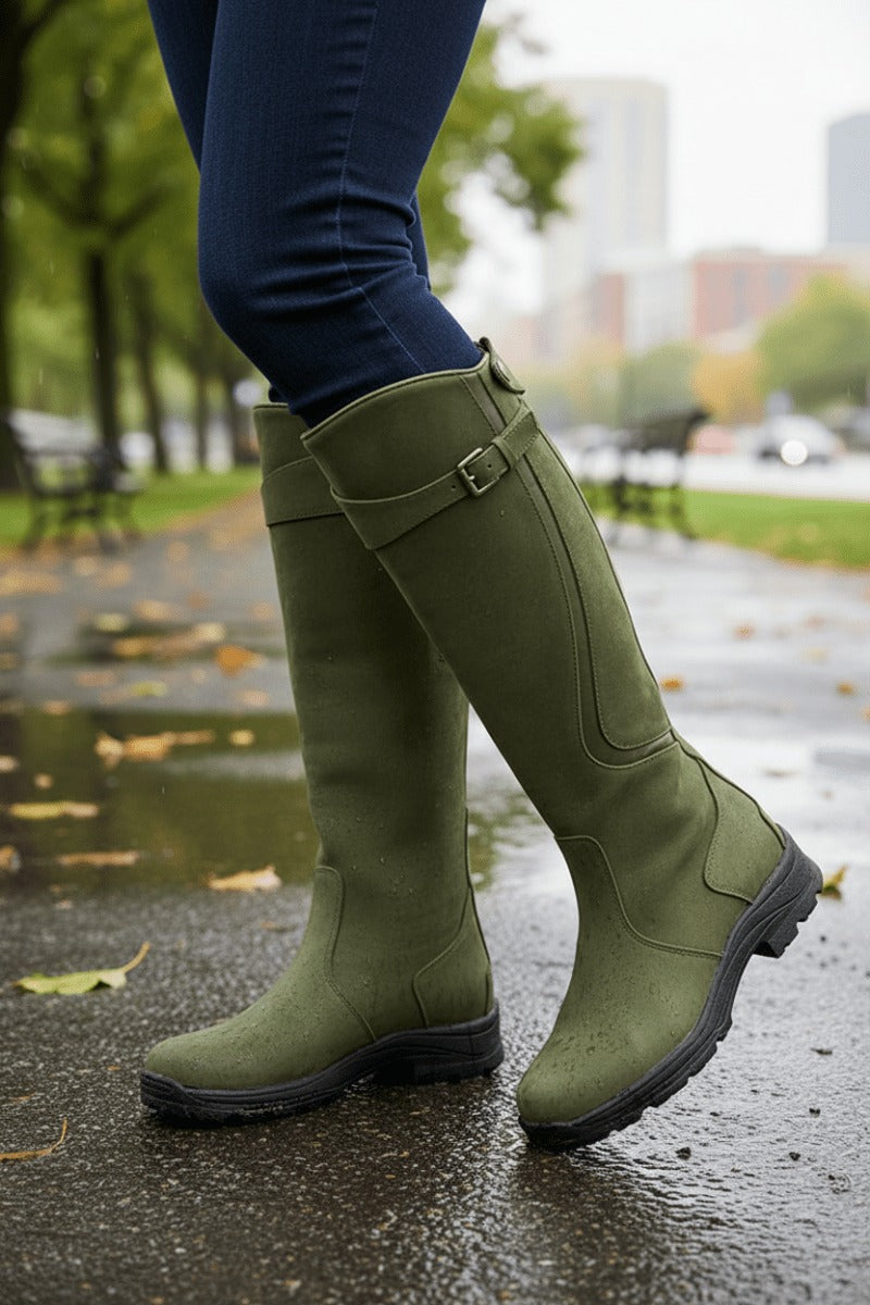 Kniehoge regenlaarzen met gespbandje in olijfgroen, gedragen op straat