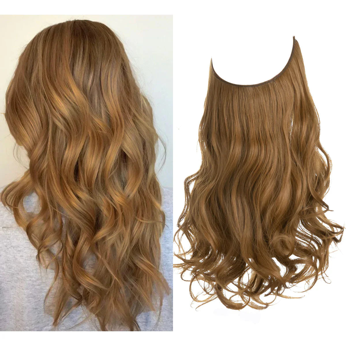 Golvende halo hair extensions in lichtbruine kleur, model links, extensie los rechts | Boutique Moda