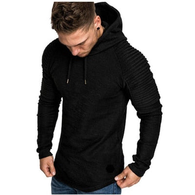 Slim fit hoodie met geribde mouwen voor heren in zwart, gedragen, voorkant