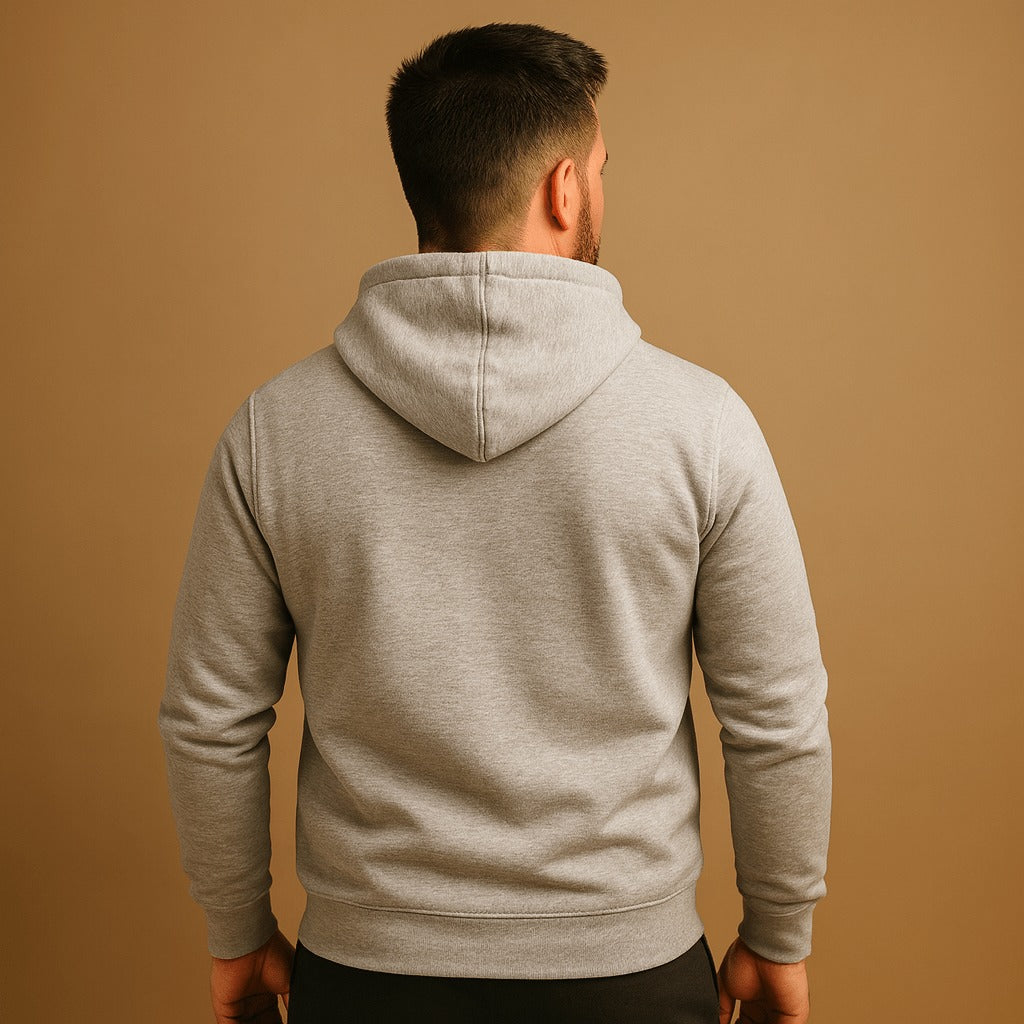 Klassieke hoodie met koord voor heren in lichtgrijs, gedragen, achterkant