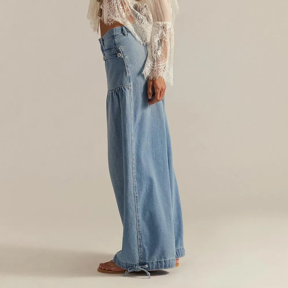Lichtblauwe wide leg jeans, zijkant