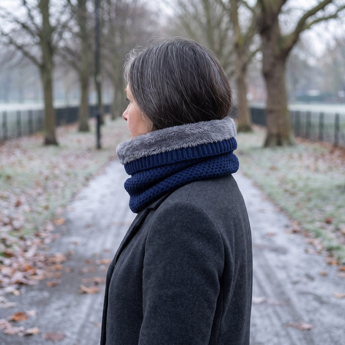 Gevoerde gebreide nekwarmer in marineblauw, gedragen bij een winterjas