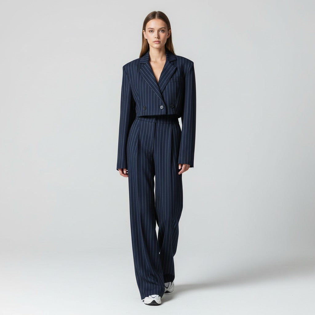 Krijtstreep broekpak voor dames in marineblauw, studiofoto