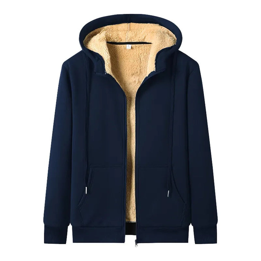 Marineblauw vest met beige teddyvoering en capuchon, vooraanzicht | Boutique Moda