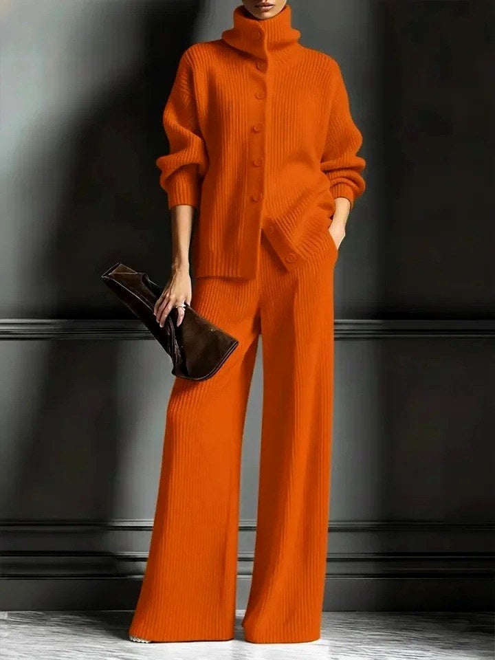 Ribgebreide co-ord set in oranje met vest met hoge kraag en wijde broek, voorkant
