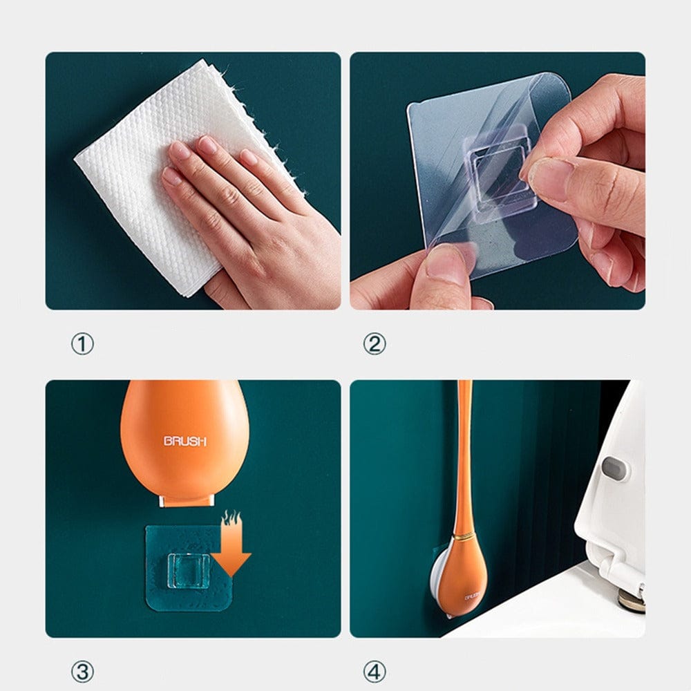 Stappenplan wandmontage oranje wc-borstelhouder met kleefstrip, vier instructiebeelden | Boutique Moda