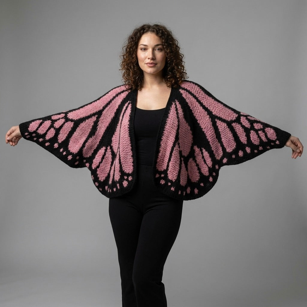Oversized vest met vlinderpatroon in roze, gedragen met gespreide armen, zodat je de vleugels ziet