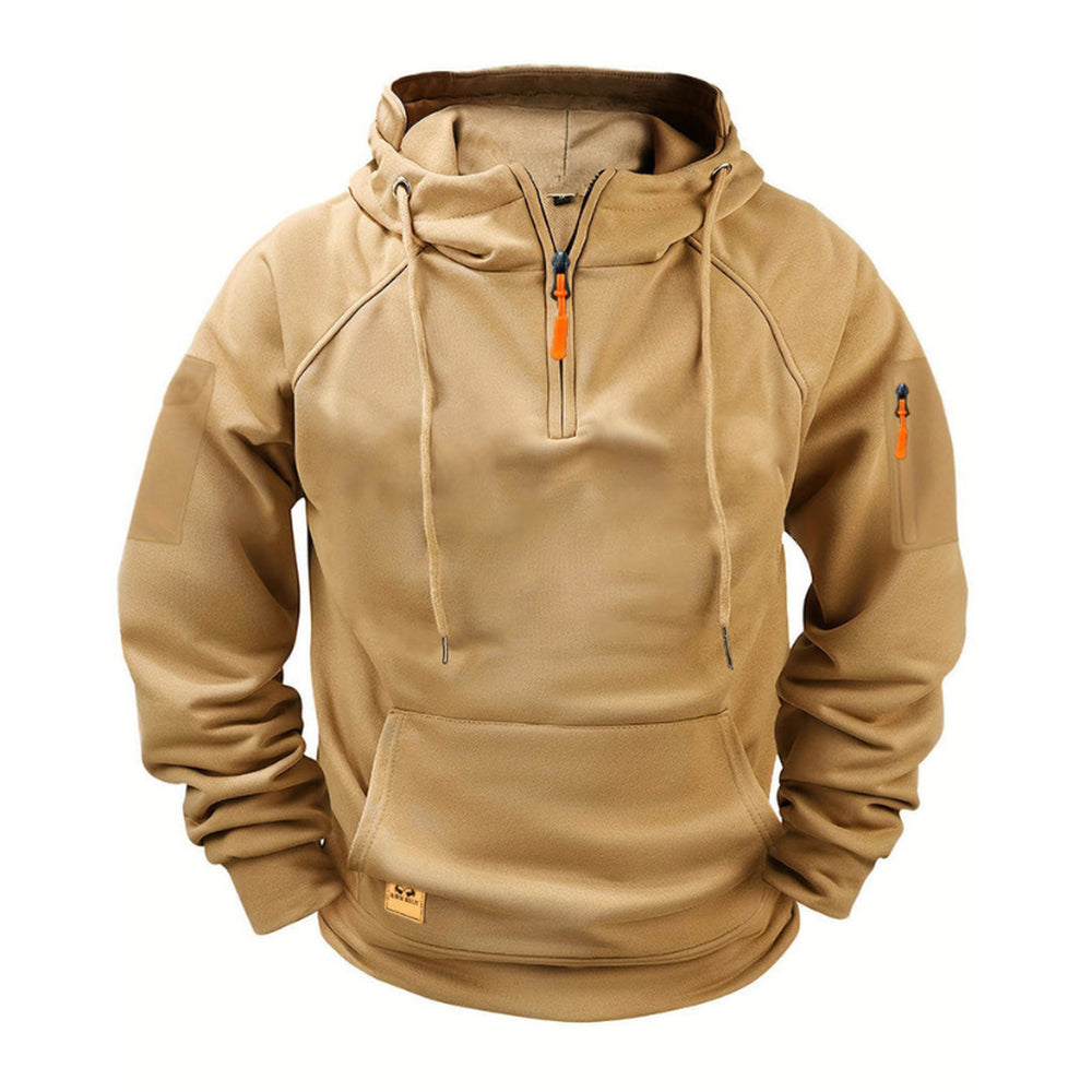 Camelkleurige hoodie met korte rits en oranje trekker bij de hals | Boutique Moda
