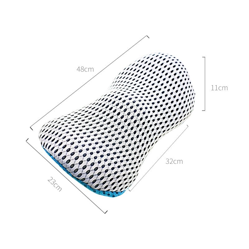 Maatschema van ergonomisch rugkussen met gestippeld patroon, vrijstaand getoond | Boutique Moda