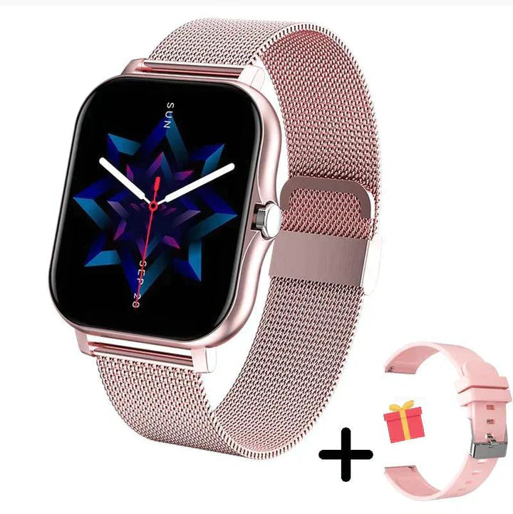 Roze smartwatch met metalen mesh band en extra siliconen bandje erbij | Boutique Moda