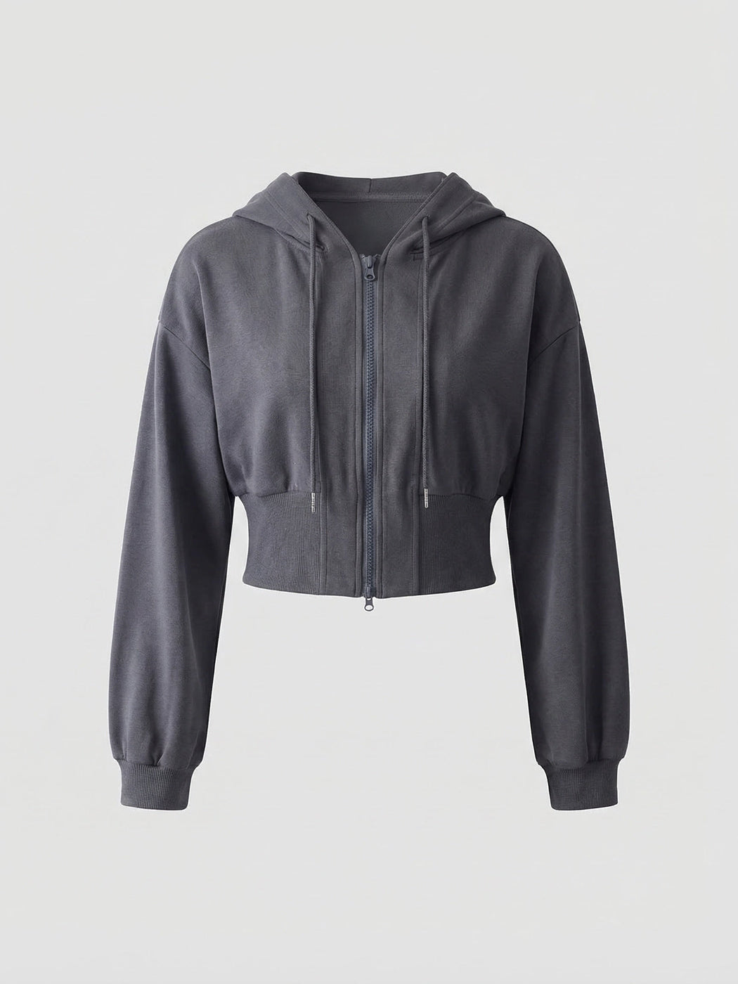 Donkergrijs kort vest met capuchon en brede ribboord, productfoto van voren | Boutique Moda