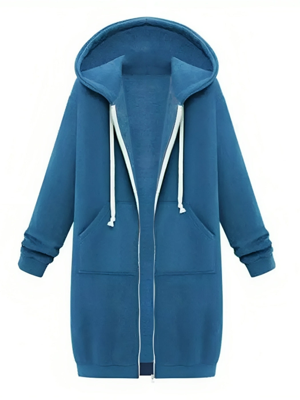 Lang blauw vest, open, met gevoerde capuchon en witte koorden | Boutique Moda