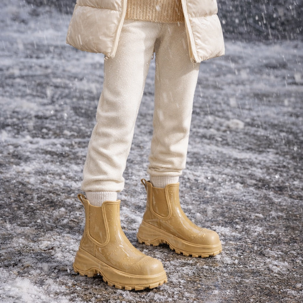 Chelsea-regenlaarzen met plateauzool in beige, gedragen op een natte straat