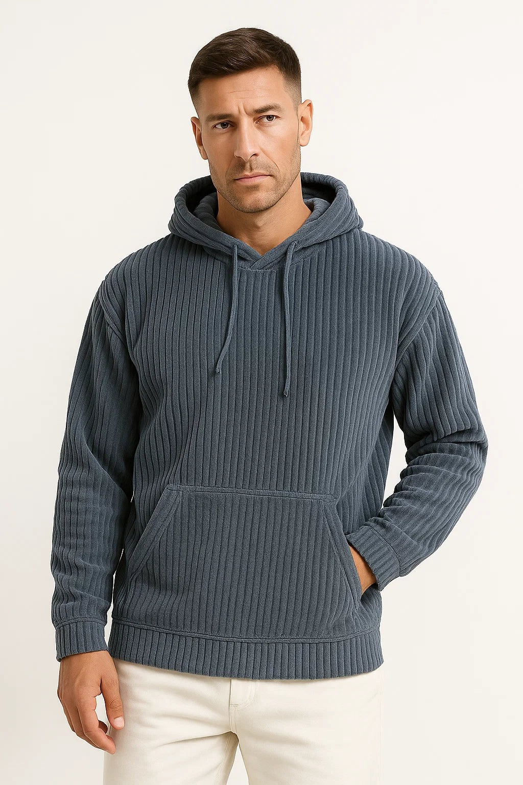 Corduroy hoodie voor heren in donkerblauw, gedragen, voorkant