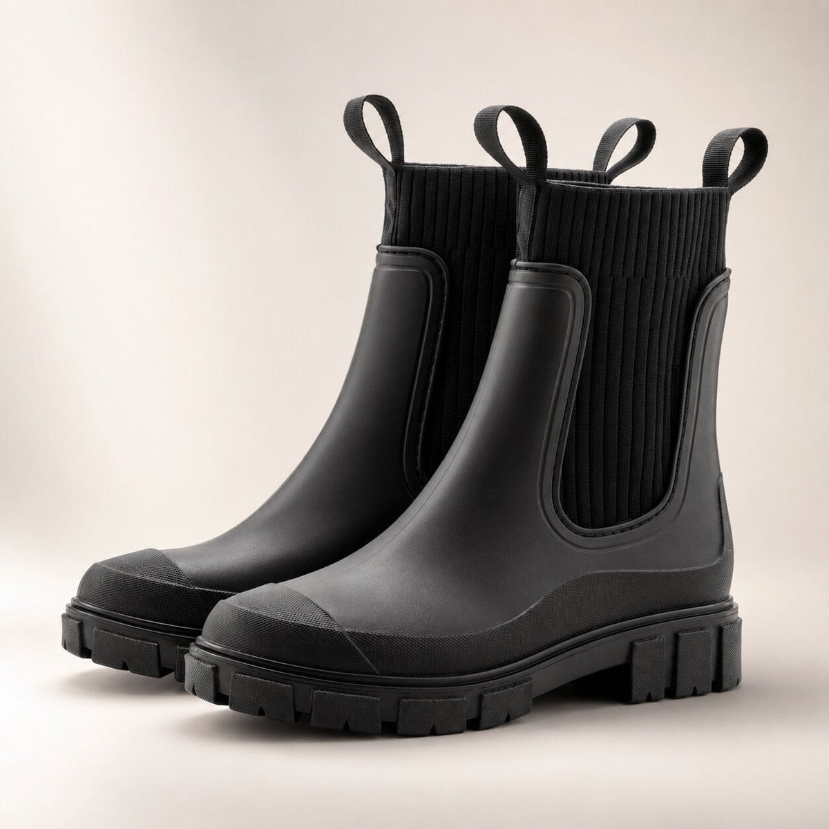 Regenlaarsjes met gebreide boord in zwart, productfoto