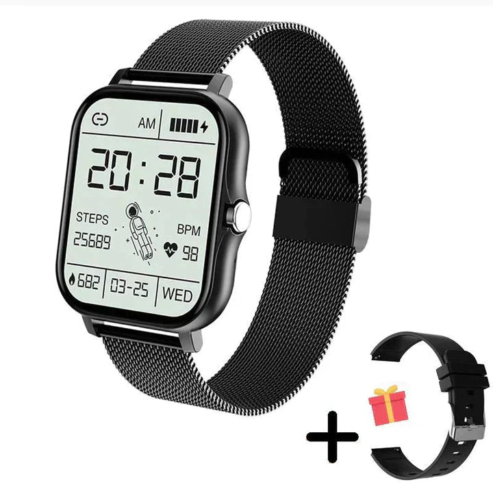 Zwart smartwatch met metalen mesh bandje en extra siliconen bandje | Boutique Moda
