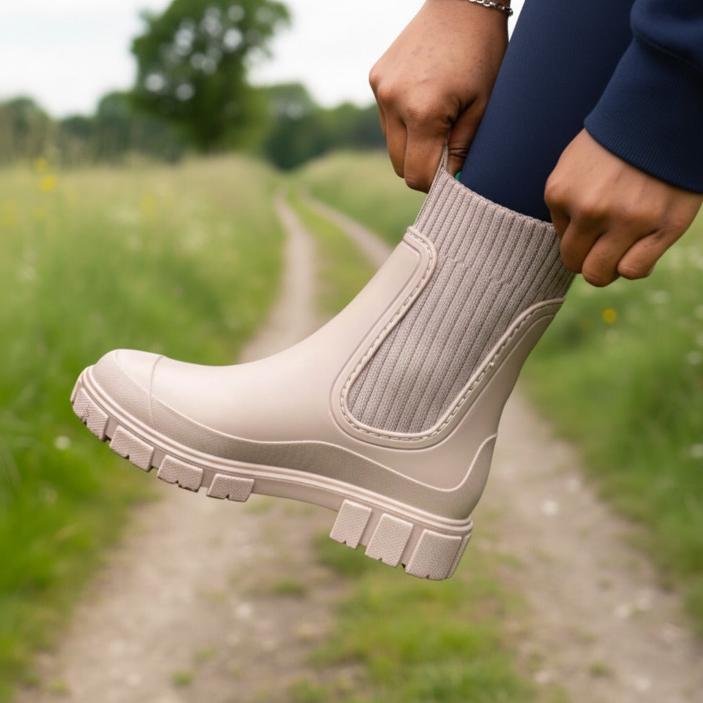 Halfhoge regenlaarzen met gebreide sokschacht in taupe, gedragen