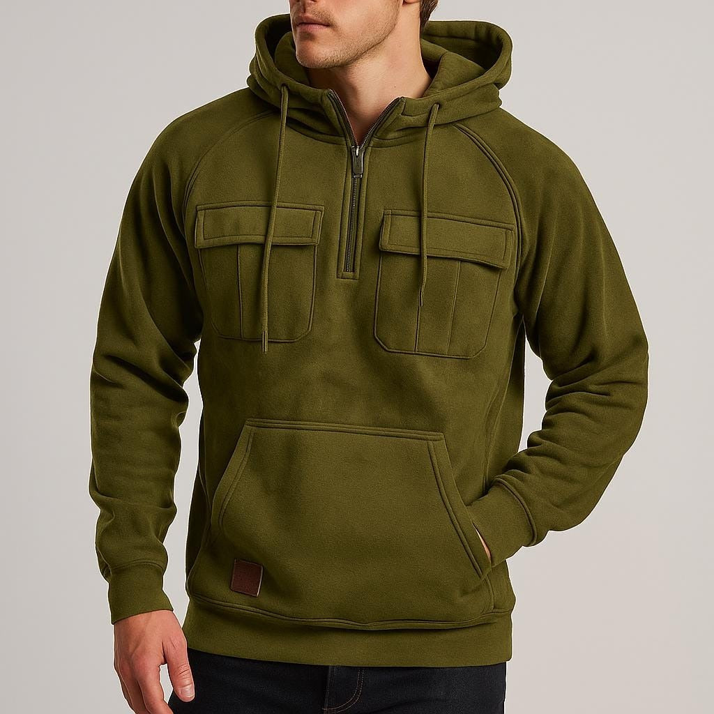 Utility hoodie met borstzakken voor heren in olijfgroen, gedragen, voorkant
