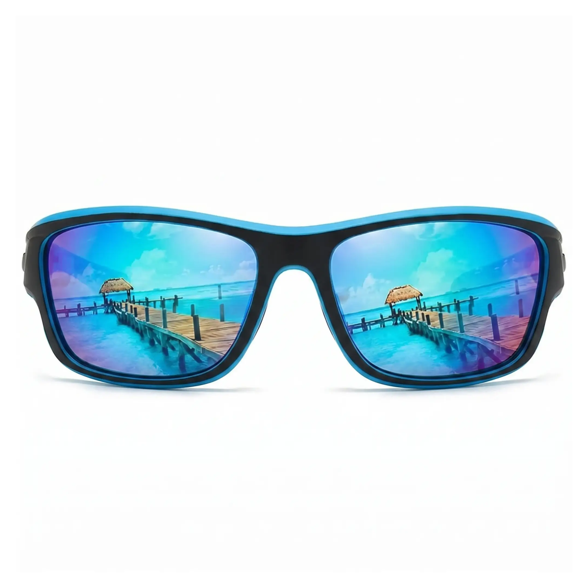 Zwarte fietsbril met blauwe accenten en spiegelende blauwe glazen, vrijstaand | Boutique Moda