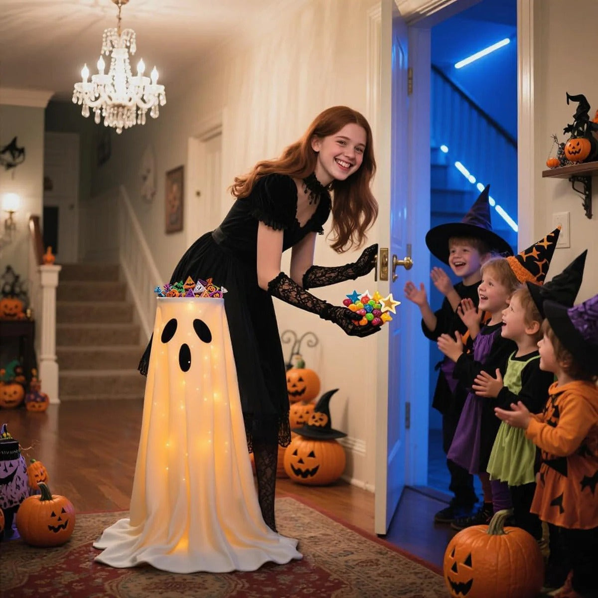 Snoep uitdelen aan kinderen met de snoepschaal in spookvorm in de hal