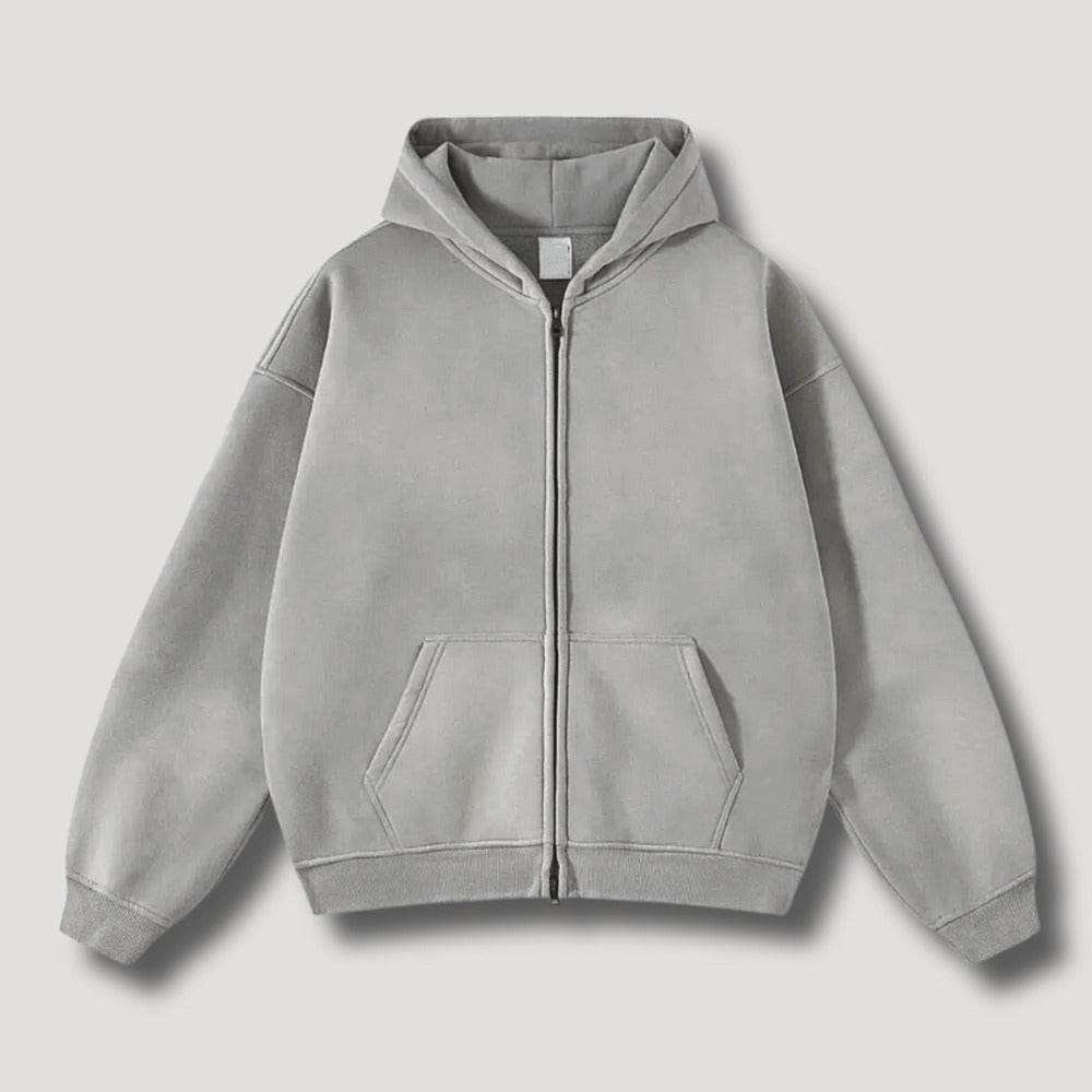 Washed hoodie met rits voor heren in grijs, voorkant