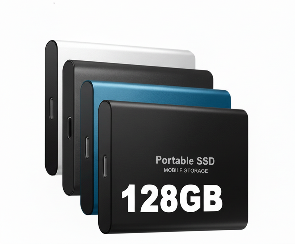 Vier draagbare SSD-schijven in zwart, wit en blauw, plat liggend getoond | Boutique Moda