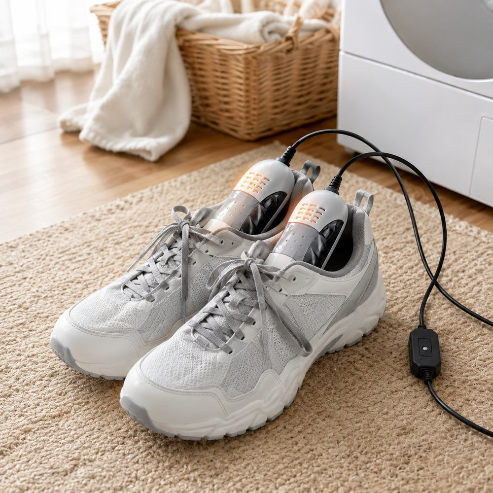 Witte schoenendroger in grijze sneakers