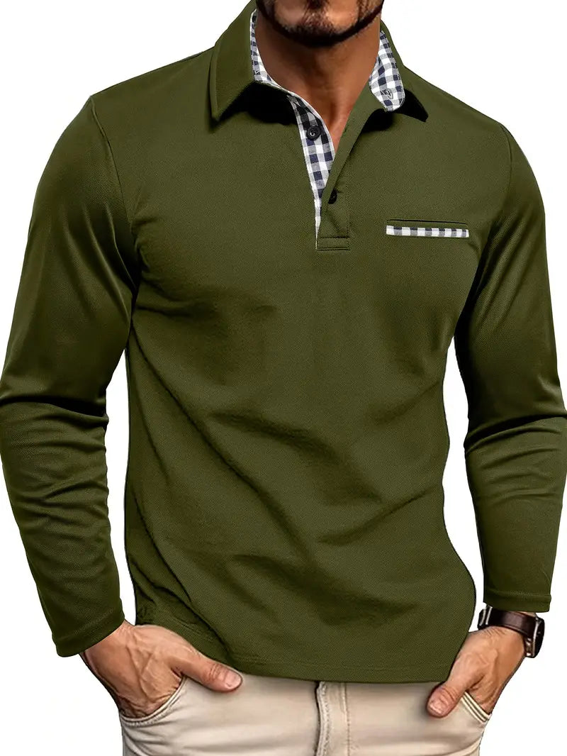 Poloshirt Heren | Lange Mouw | Borstzak | Geruite Kraag-Boutique Moda