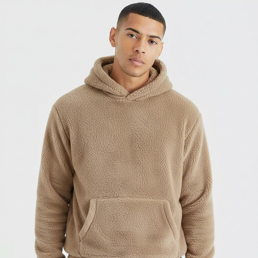 Teddy hoodie voor heren in bruin, gedragen, voorkant