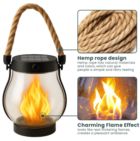Zwarte lantaarn met hennep touw hengsel en vlameffect verlichting | Boutique Moda