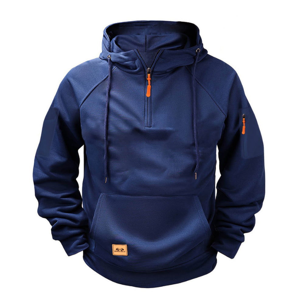Marineblauwe hoodie met ritszak op de bovenarm | Boutique Moda