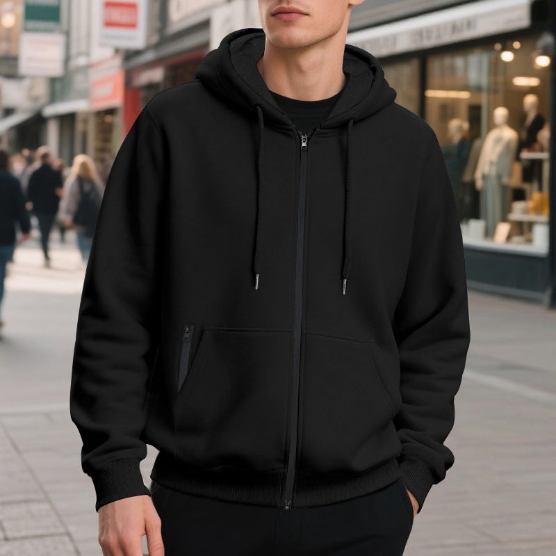 Oversized vest met capuchon voor heren in zwart, gedragen, voorkant