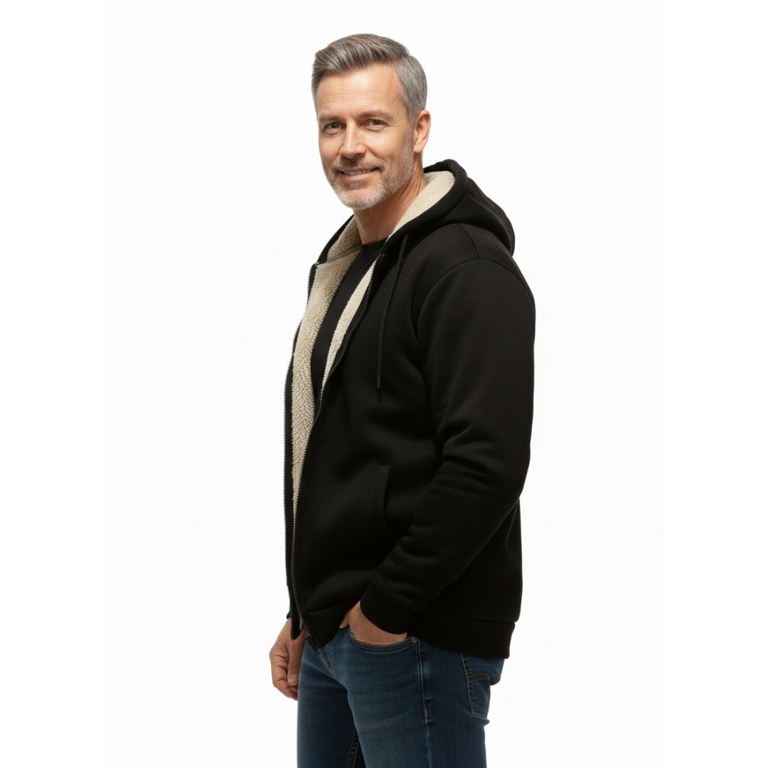 Gevoerde hoodie met rits voor heren in zwart, gedragen, zijkant