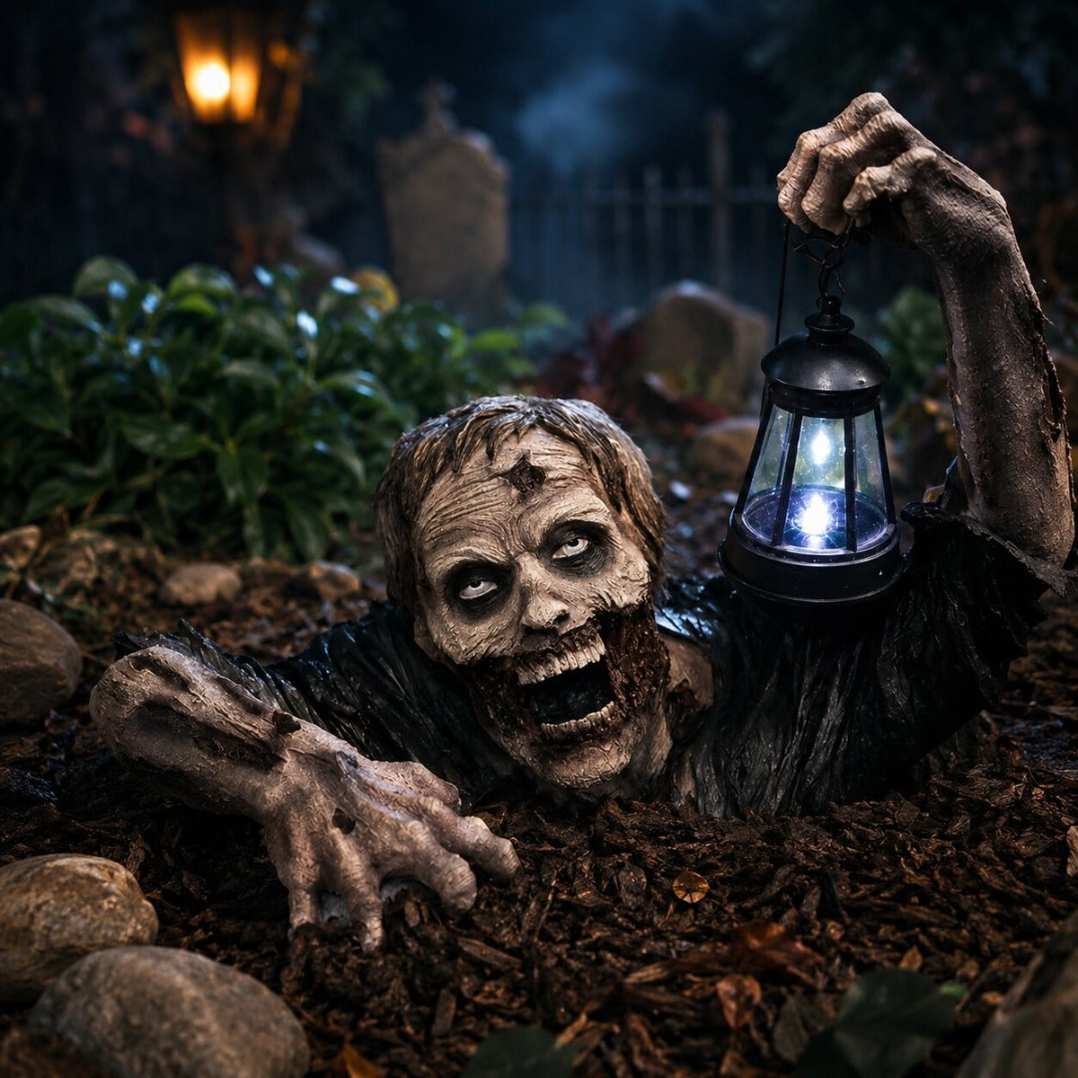 Kruipende zombie met lantaarn tussen de planten in de avond