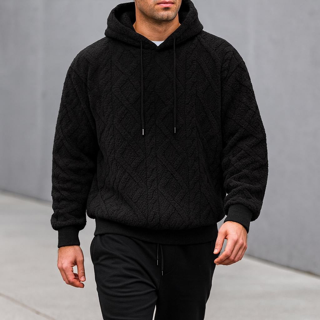 Teddyhoodie met ruitpatroon voor heren in zwart, gedragen, voorkant