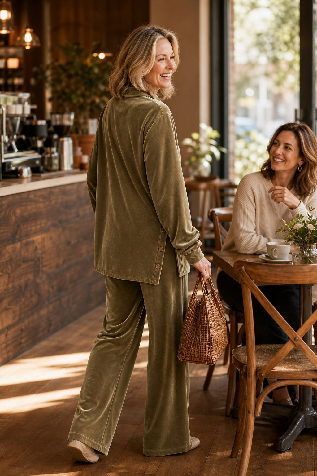 Velours huispak in kaki in een café, achterkant tijdens het lopen