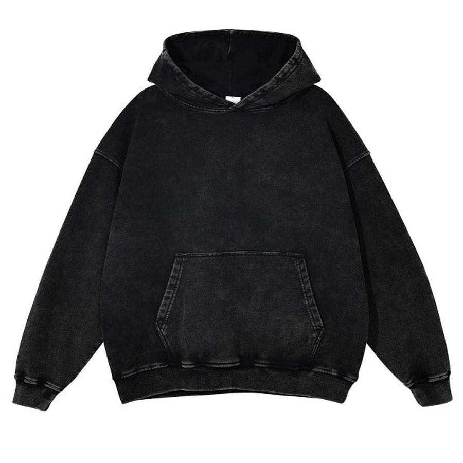 Zwarte hoodie in vintagelook plat neergelegd, met capuchon en kangoeroezak | Boutique Moda