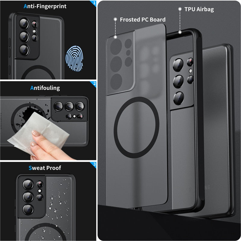 Productcollage met matzwarte telefoonhoesjes en close-ups van magnetische bevestiging en camera-uitsparing | Boutique Moda