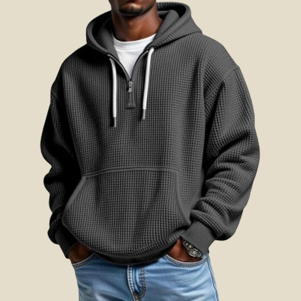 Half zip hoodie met wafelstructuur voor heren in donkergrijs, gedragen, voorkant
