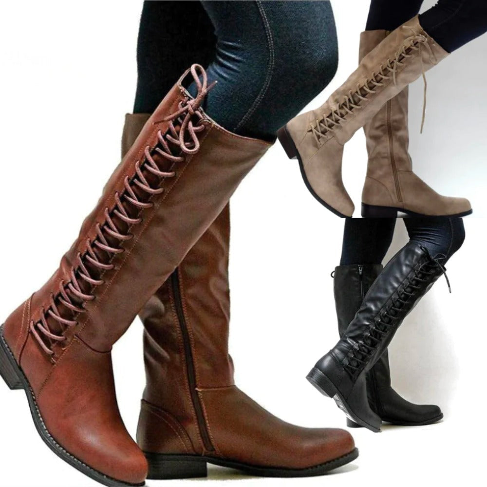 Knielaarzen met veters in bruin, beige en zwart