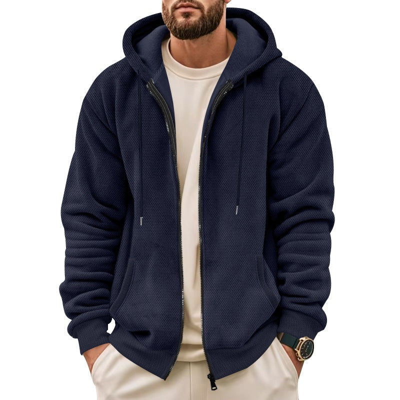 Wafelvest met capuchon voor heren in marineblauw, gedragen, voorkant