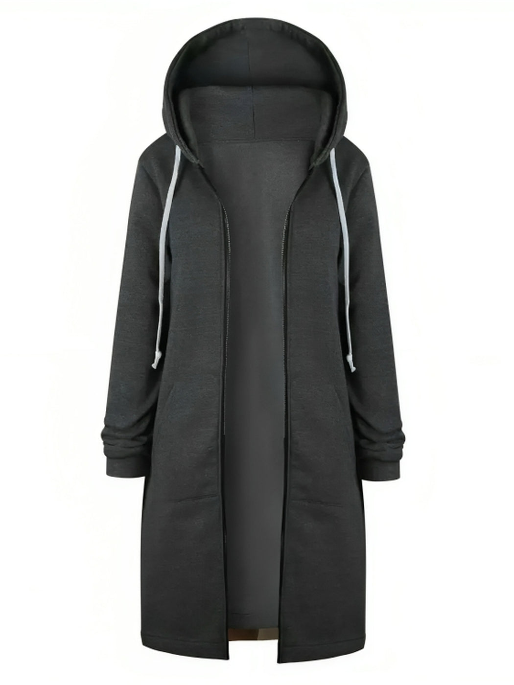 Lang donkergrijs vest, open, met capuchon en witte koorden, vooraanzicht | Boutique Moda